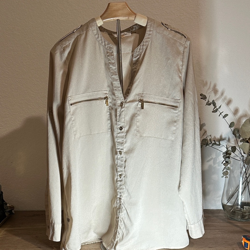 Beige Long Sleeve Button-Up Shirt. Calvin Klein. Size L